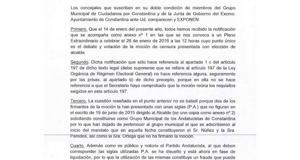 El secretario del Ayuntamiento de Constantina se niega a aceptar los escritos de Ciudadanos y Sonia Ortega para detener la moción de censura